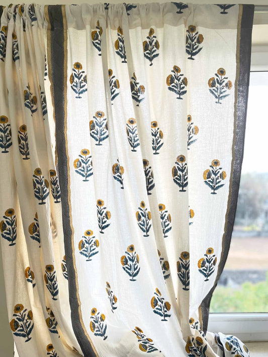 + Blue Poppy Flower Hand Block Printed Cotton Curtain Panels, Organic Cotton Drapes, Living Room Drapes In Various Sizes Custom Made