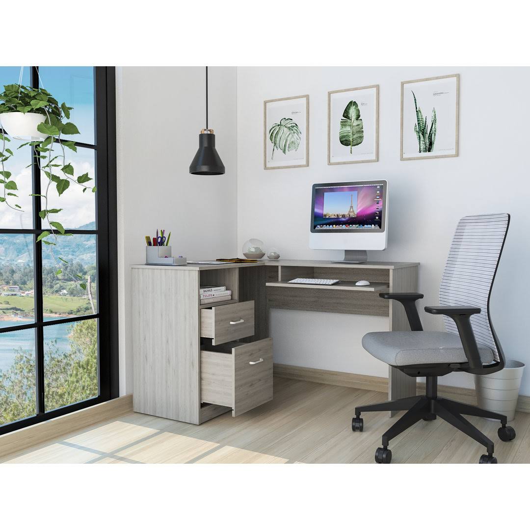 ® Raleigh Business Modern L-Shaped Desk W/ Drawers, Shelf, And Computer Ledge